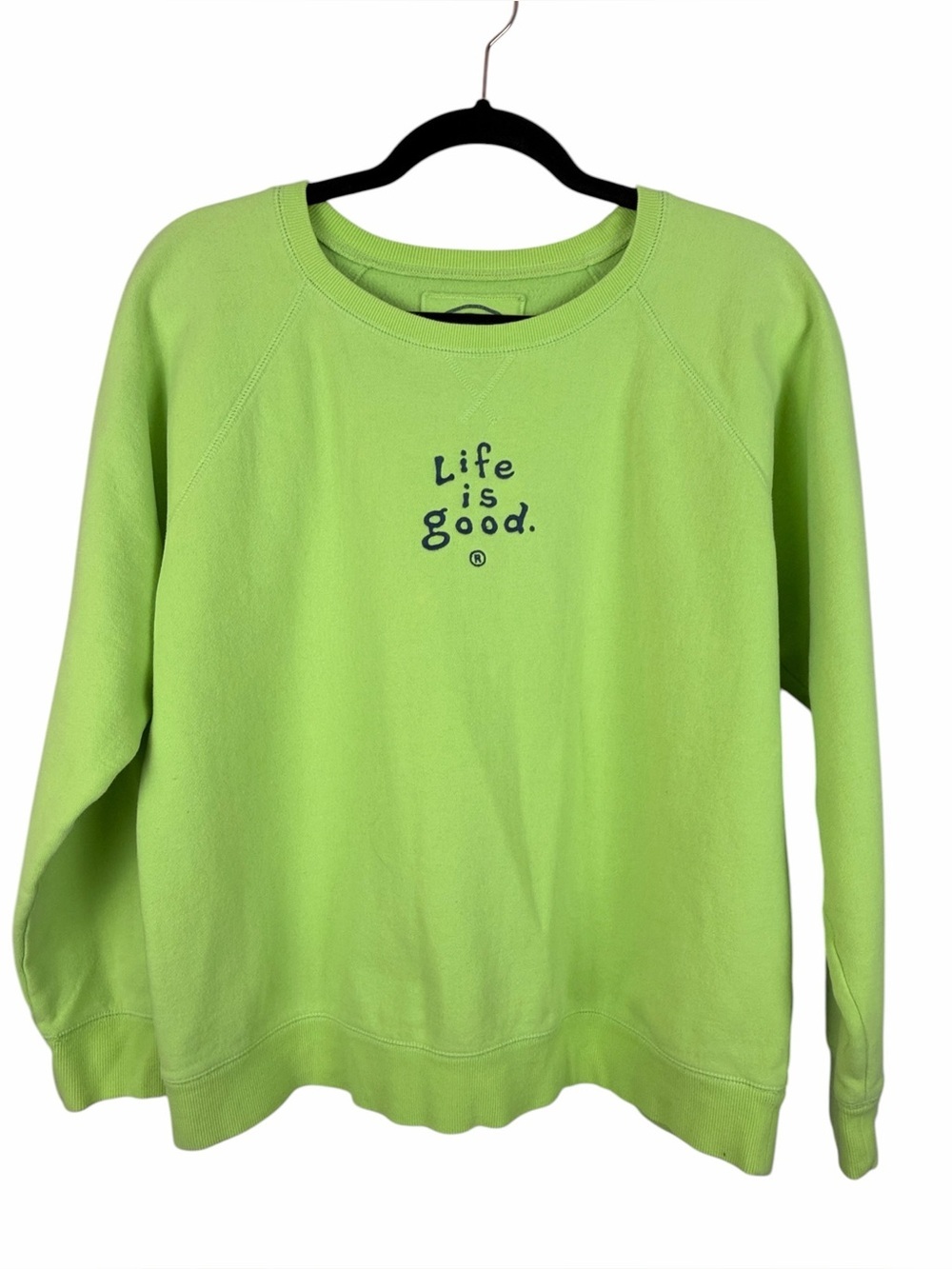 Life is Good Lime Green Crewneck Sweatshirt Large Embroidered Heart Pullover